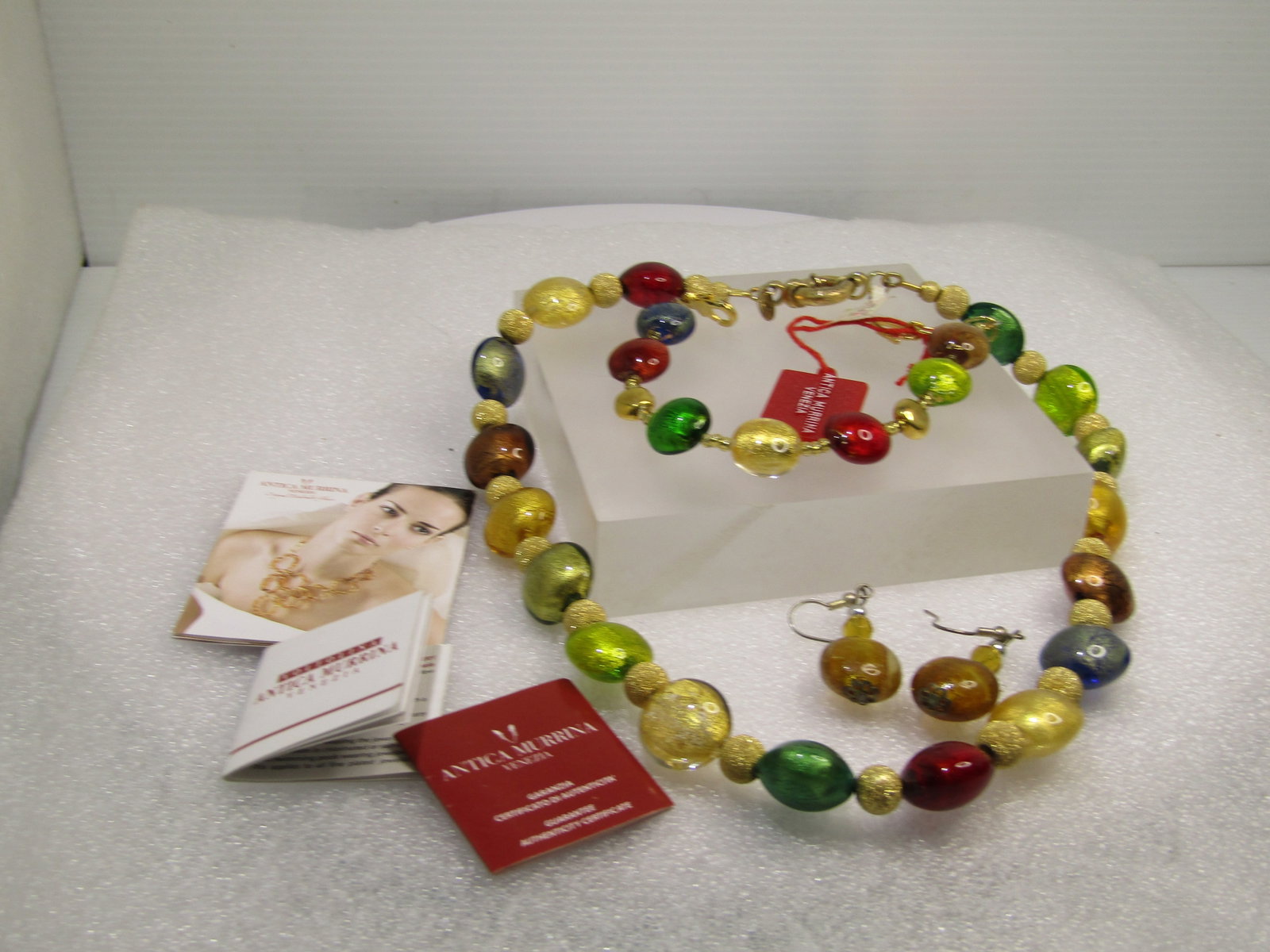 Sterling Gemtone Glitter Glass Beaded Necklace, Bracelet, Pierced Earrings Set. 18", 1990's. - 6