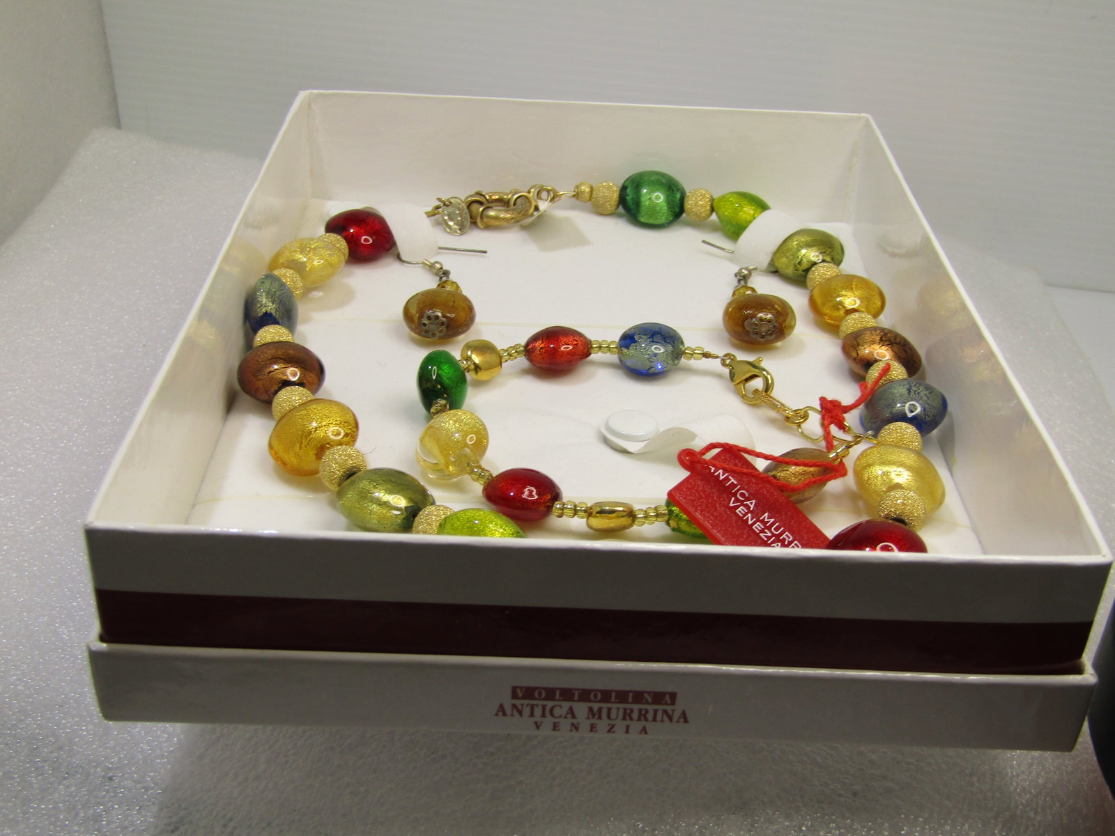 Sterling Gemtone Glitter Glass Beaded Necklace, Bracelet, Pierced Earrings Set. 18", 1990's. - 7