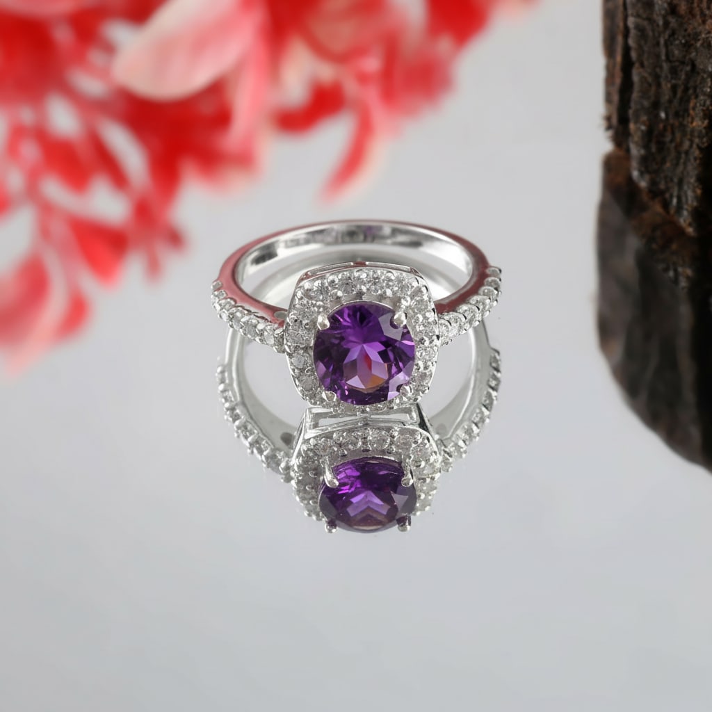 1.1 Carat Amethyst, Cubic Zirconia 925 Sterling Silver Halo Ring: Title:1.1 Carat Amethyst, Cubic Zirconia 925 Sterling Silver Halo Ring Description:Ring DetailDesign : Halo Ring Stone Name : Amethyst, Cubic ZirconiaColor : Purple & WhiteJewelry Weight : 3