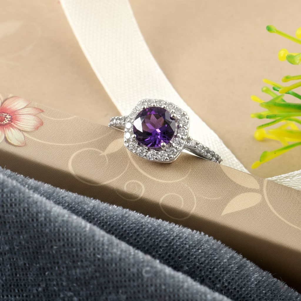 1.1 Carat Amethyst, Cubic Zirconia 925 Sterling Silver Halo Ring - 2