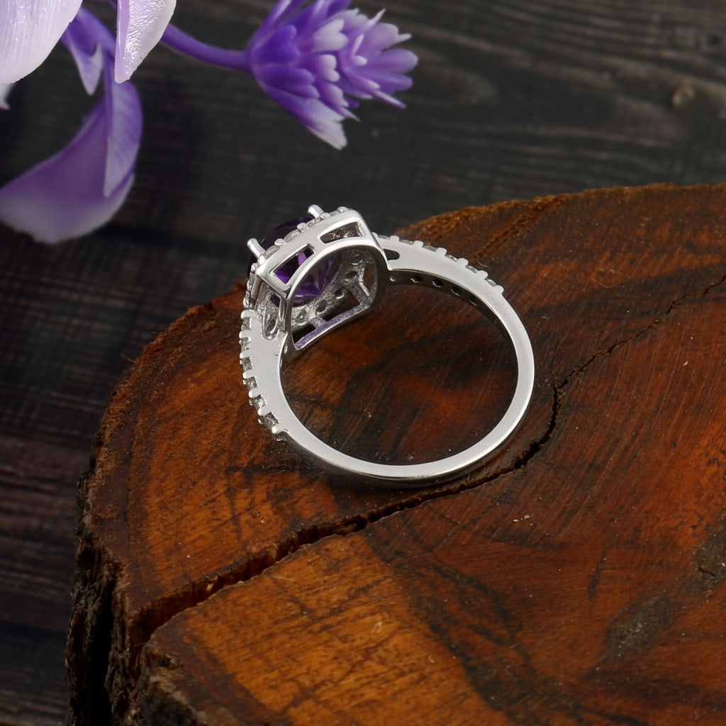 1.1 Carat Amethyst, Cubic Zirconia 925 Sterling Silver Halo Ring - 3