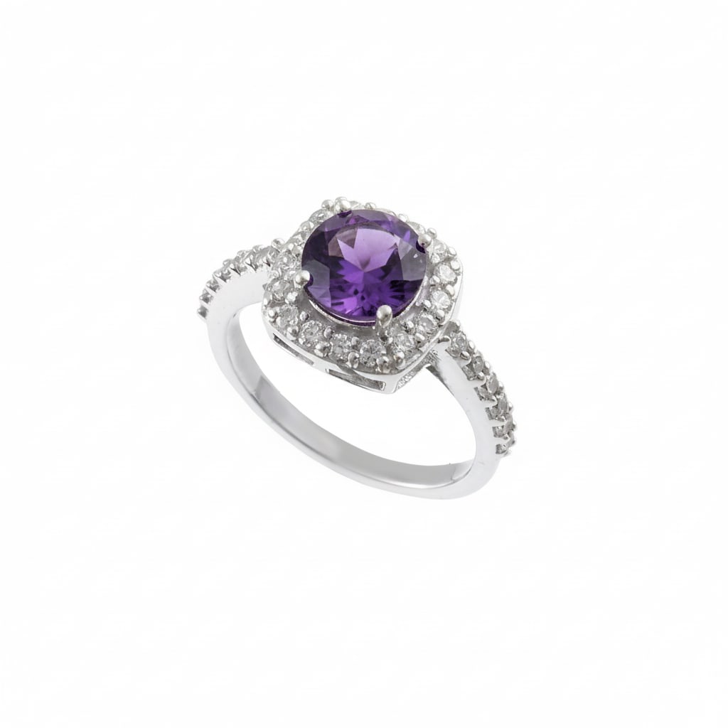 1.1 Carat Amethyst, Cubic Zirconia 925 Sterling Silver Halo Ring - 5