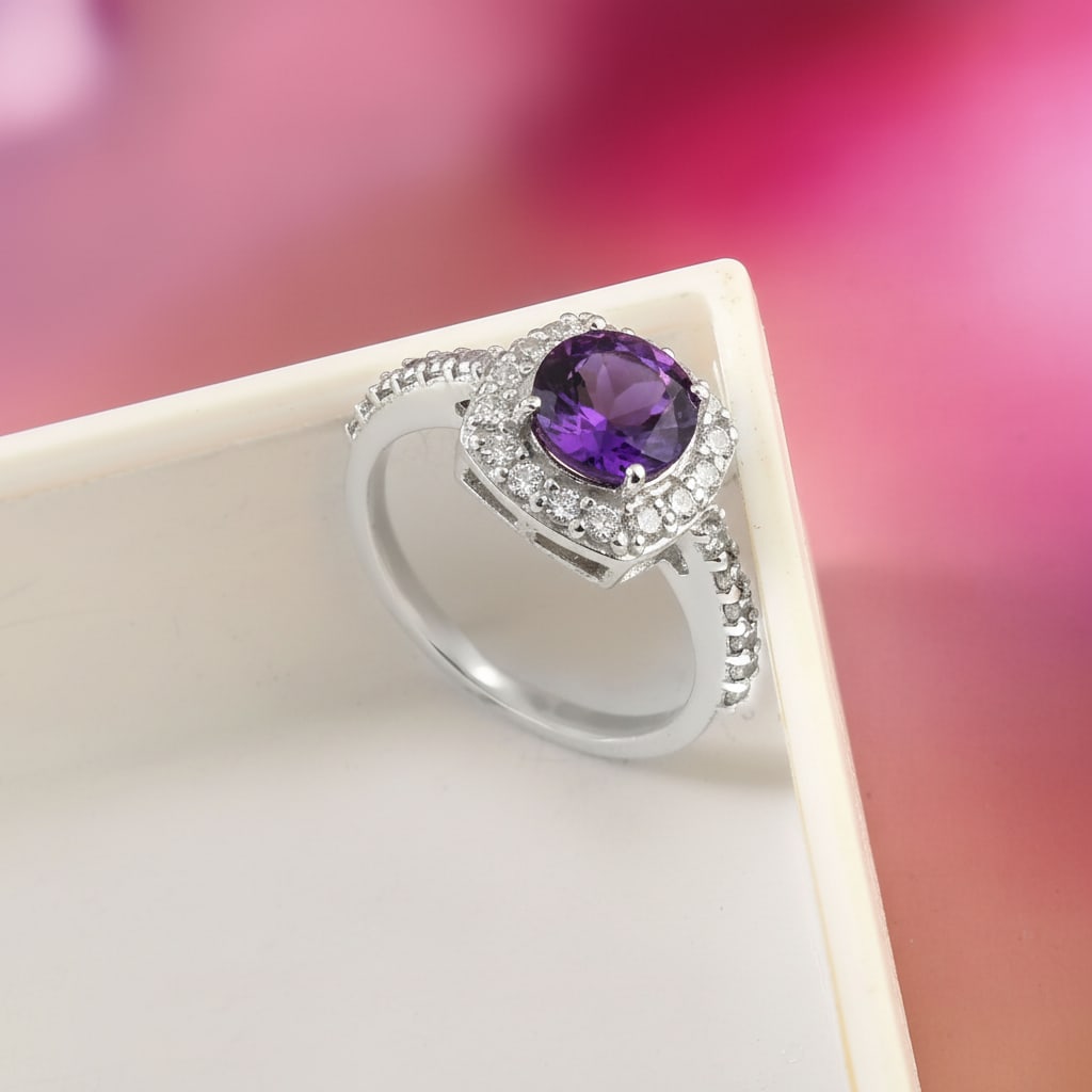 1.1 Carat Amethyst, Cubic Zirconia 925 Sterling Silver Halo Ring - 6