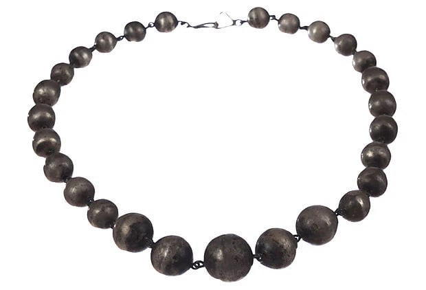 Art Deco Sterling Silver Graduated Ball Bead Necklace: Title:Art Deco Sterling Silver Graduated Ball Bead Necklace Description:Art Deco handmade sterling silver graduated bead necklace with original patina, circa 1940. Beads range from 10 mm to 17.5 mm. A