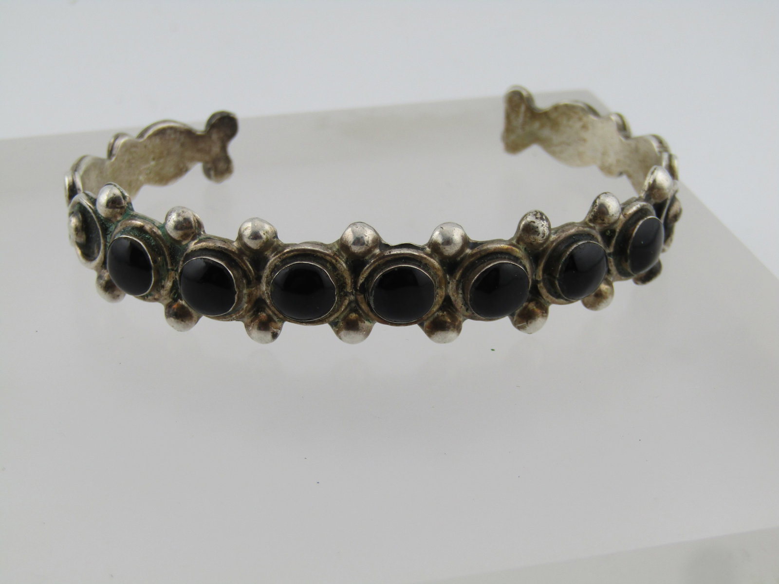 Vintage Sterling Mexico Black Obsidian Cuff Bracelet, Unisex, 7" 1960's-1970's (1 of 6)