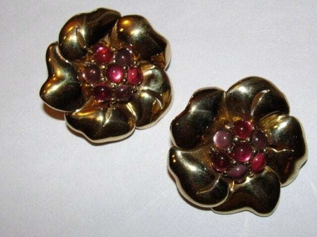 18 kt Gold Vermeil Sterling Silver Massive Flower Earring with Faux Glass Pi - 2