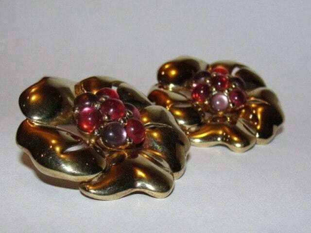 18 kt Gold Vermeil Sterling Silver Massive Flower Earring with Faux Glass Pi - 3
