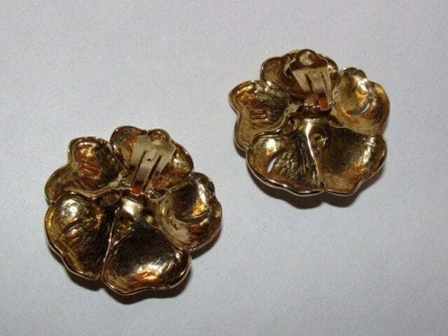 18 kt Gold Vermeil Sterling Silver Massive Flower Earring with Faux Glass Pi - 4