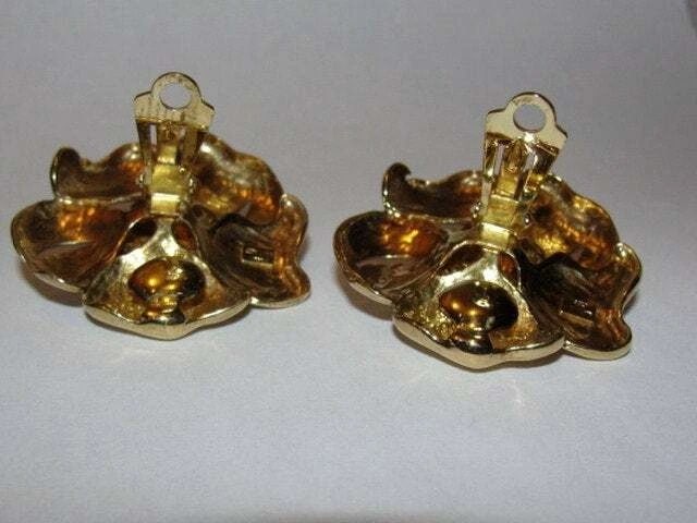 18 kt Gold Vermeil Sterling Silver Massive Flower Earring with Faux Glass Pi - 5