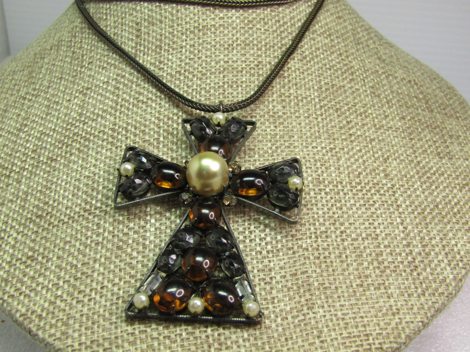 Vintage Brown/Smoky Glass Cross Necklace/Brooch Faux Pearls. Signed Schreiner New York. 24", (1 of 6)