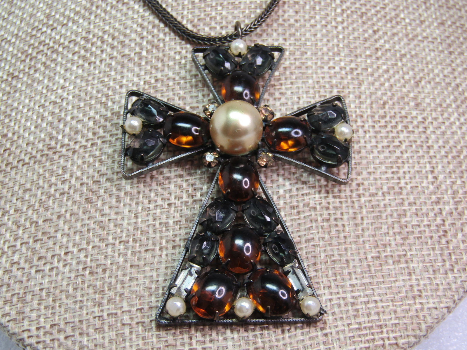 Vintage Brown/Smoky Glass Cross Necklace/Brooch Faux Pearls. Signed Schreiner New York. 24", - 2