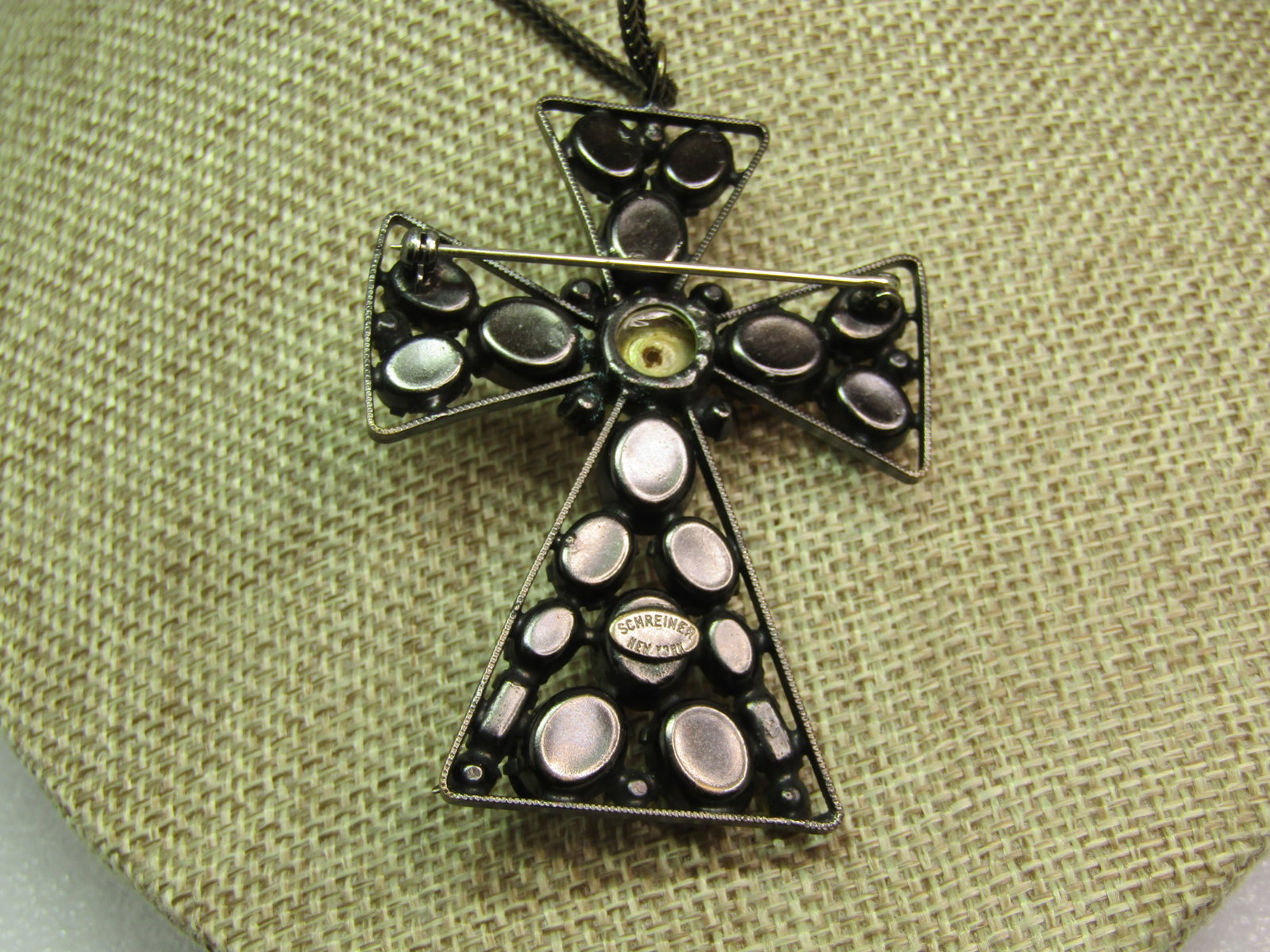 Vintage Brown/Smoky Glass Cross Necklace/Brooch Faux Pearls. Signed Schreiner New York. 24", - 3