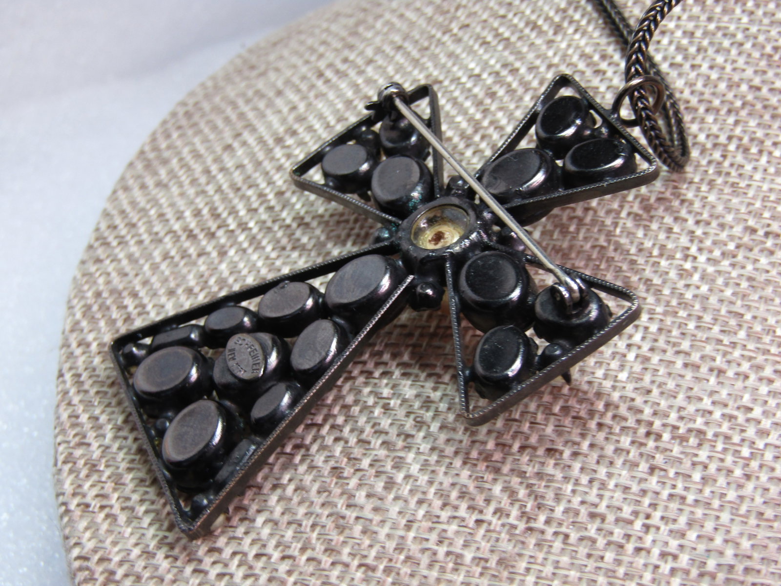 Vintage Brown/Smoky Glass Cross Necklace/Brooch Faux Pearls. Signed Schreiner New York. 24", - 5