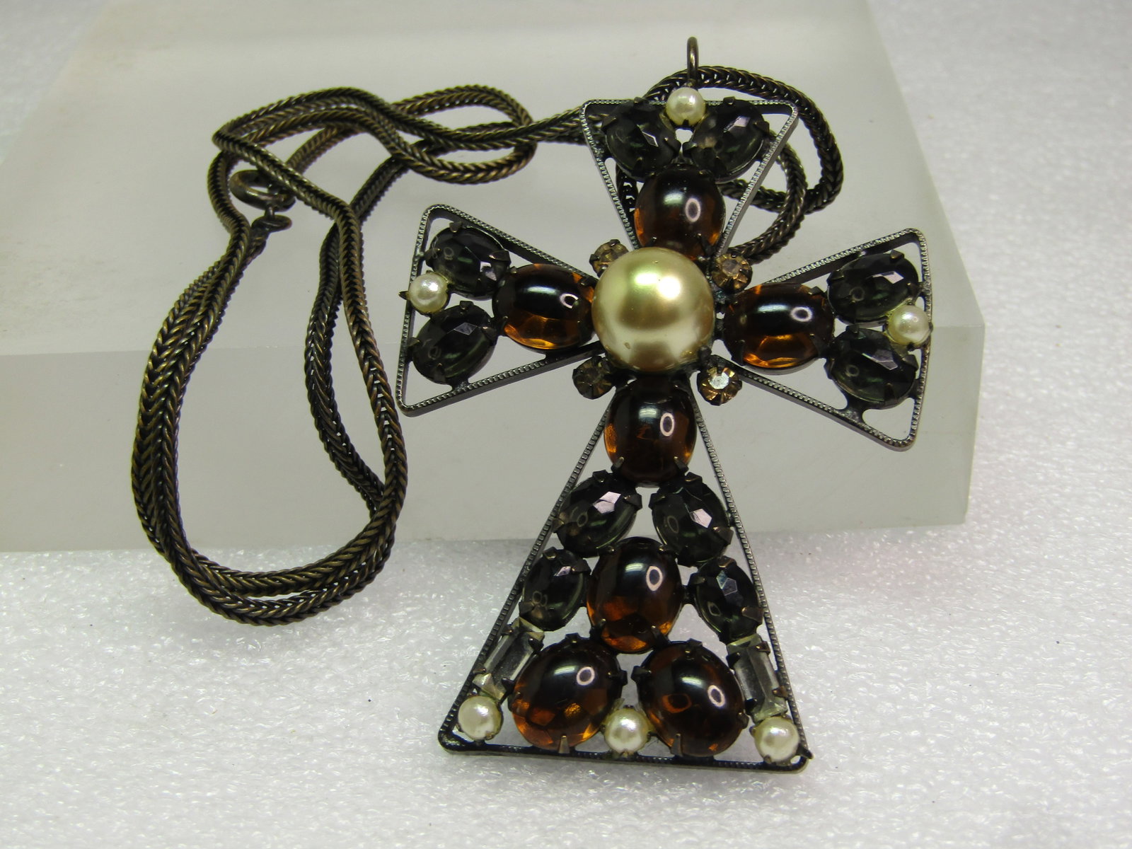 Vintage Brown/Smoky Glass Cross Necklace/Brooch Faux Pearls. Signed Schreiner New York. 24", - 6