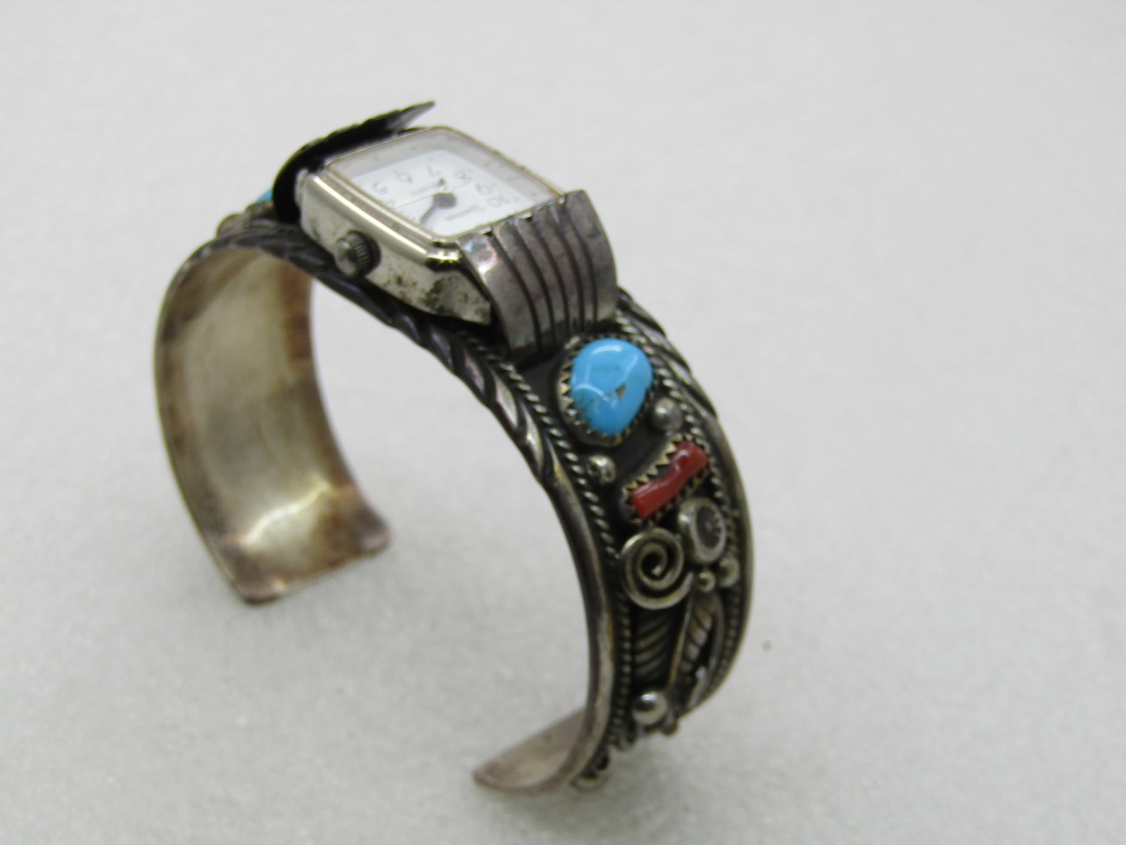 Vintage Sterling Southwestern Turquoise Coral Watch Cuff Bracelet, 6.75", Signed P - 7