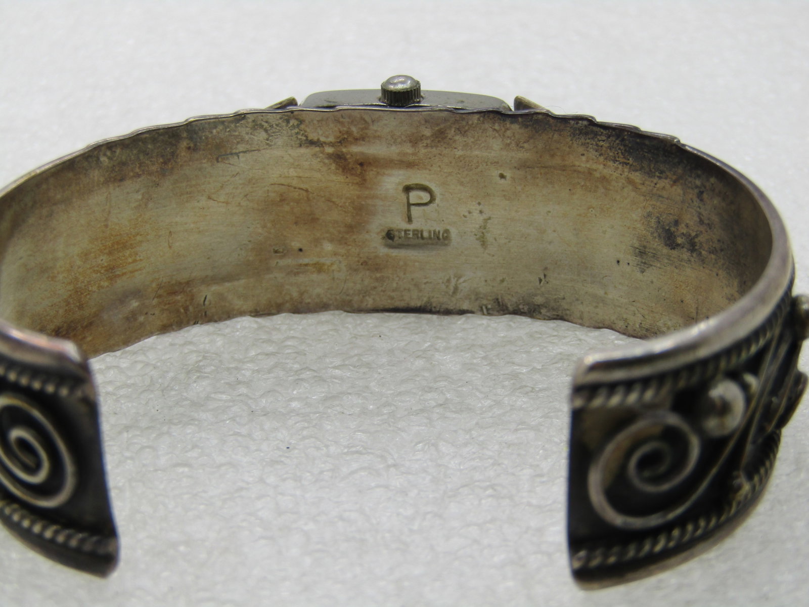 Vintage Sterling Southwestern Turquoise Coral Watch Cuff Bracelet, 6.75", Signed P - 8