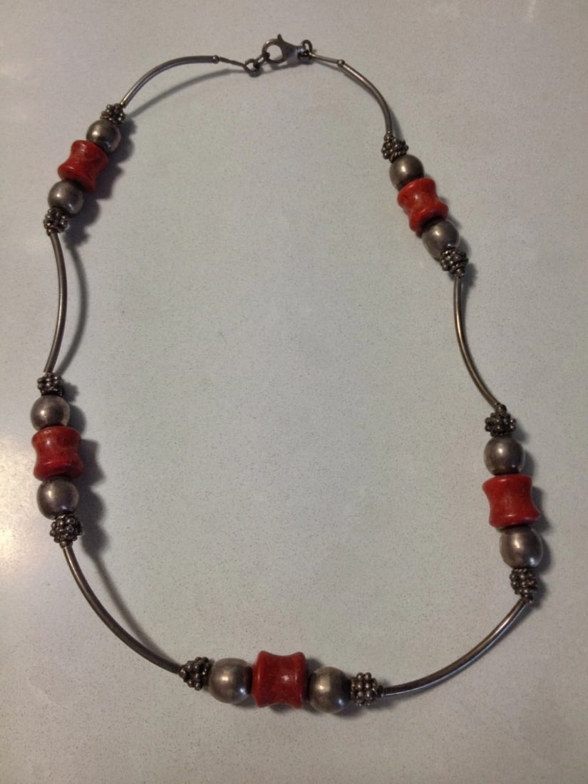 Sterling Silver Apple Sponge Coral Bead Necklace - 6