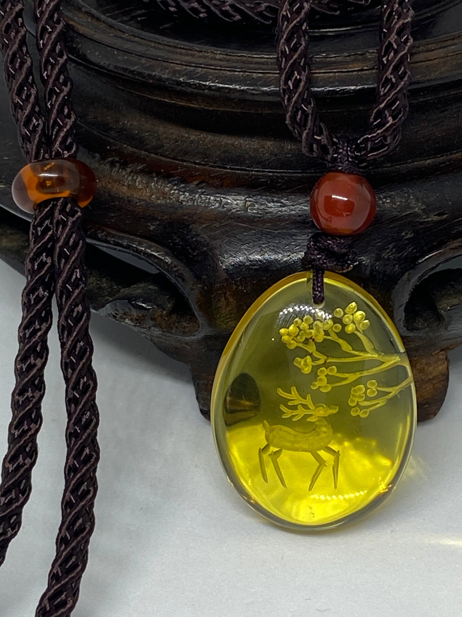 Golden Blue Amber carving Sika Deer and Tree Amulet Pendant - 6