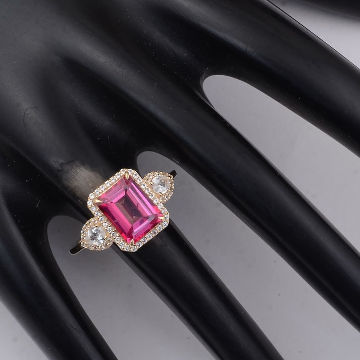 3.57 Ct Octagon Pink Topaz 9K Gold Ring - 2