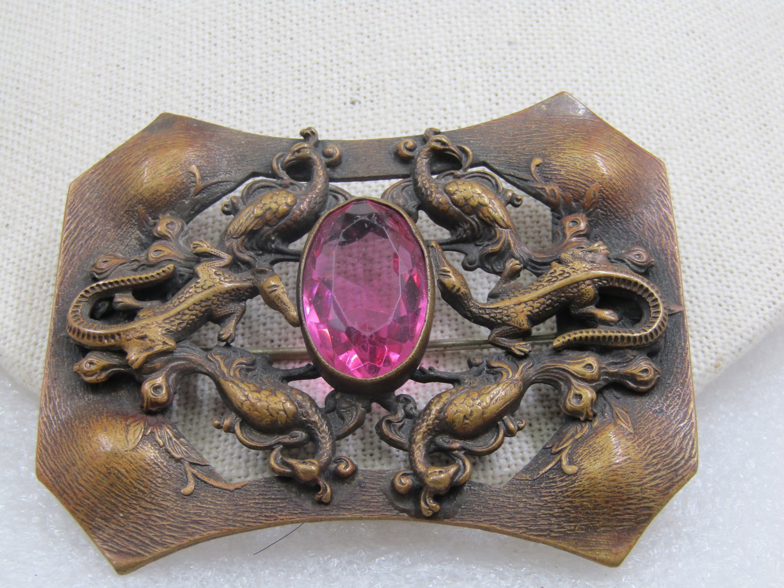 Art Nouveau Repousse Peacock Alligator Czech Glass Brooch, 3": Title:Art Nouveau Repousse Peacock Alligator Czech Glass Brooch, 3" Description:Art Nouveau Repousse Peacock Alligator Czech Glass Brooch, 3" by 2.5" . Straight edge on the sides and concaved on the