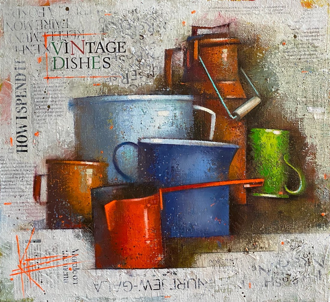 Abstract Oil painting Vintage dishes Oksana Kyrylenko: 148KOR Painter: Oksana Kyrylenko S?ze: 43x46 cm/16,92x18,11 inches Components: oil, canvas, Original painting from our collection ERA:2025 Oksana Ivanivna was born on May 11, 1961 in the city of Chern
