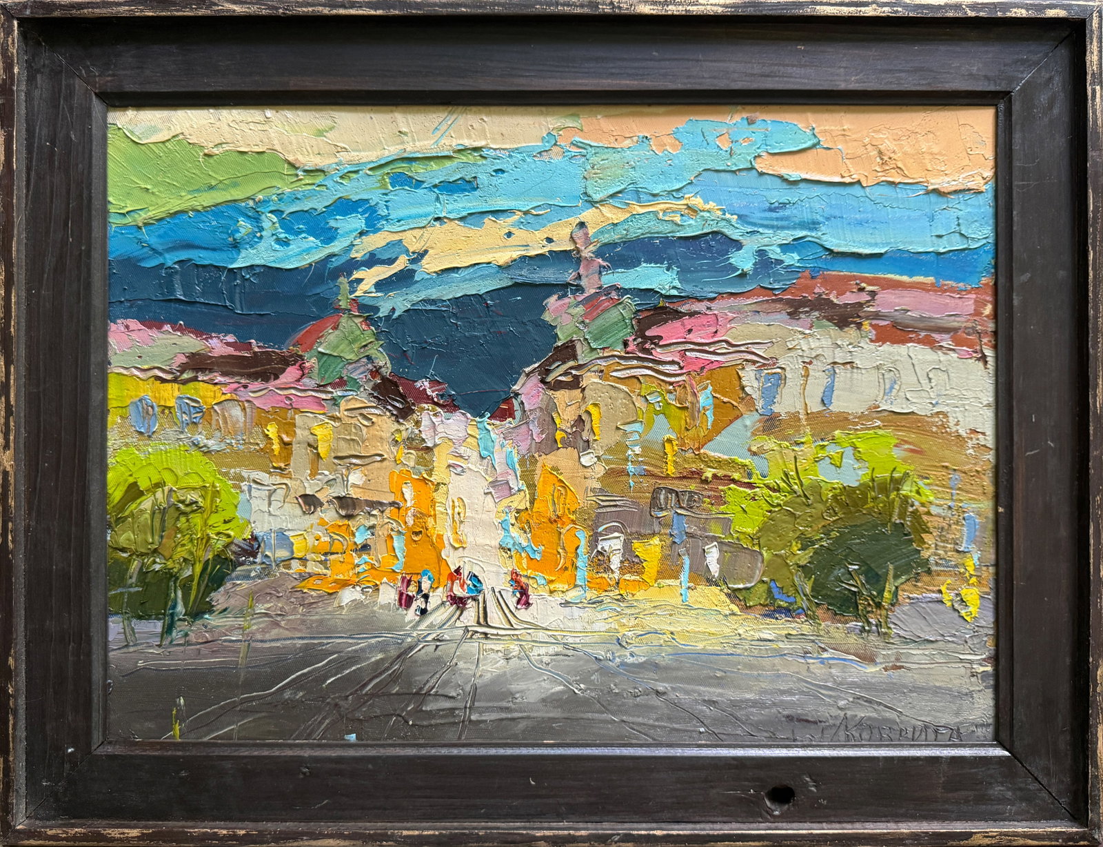 Oil painting with farme Evening city K. Leonid: 534KK Painter: K. Leonid S?ze: 36x50 cm/ 14.17x19.68 inches Components: oil, canvas, cardboard Original painting CONDITION: exellent ERA:2021 ARTIST: Born in the village of Ostrov, what a beautiful na