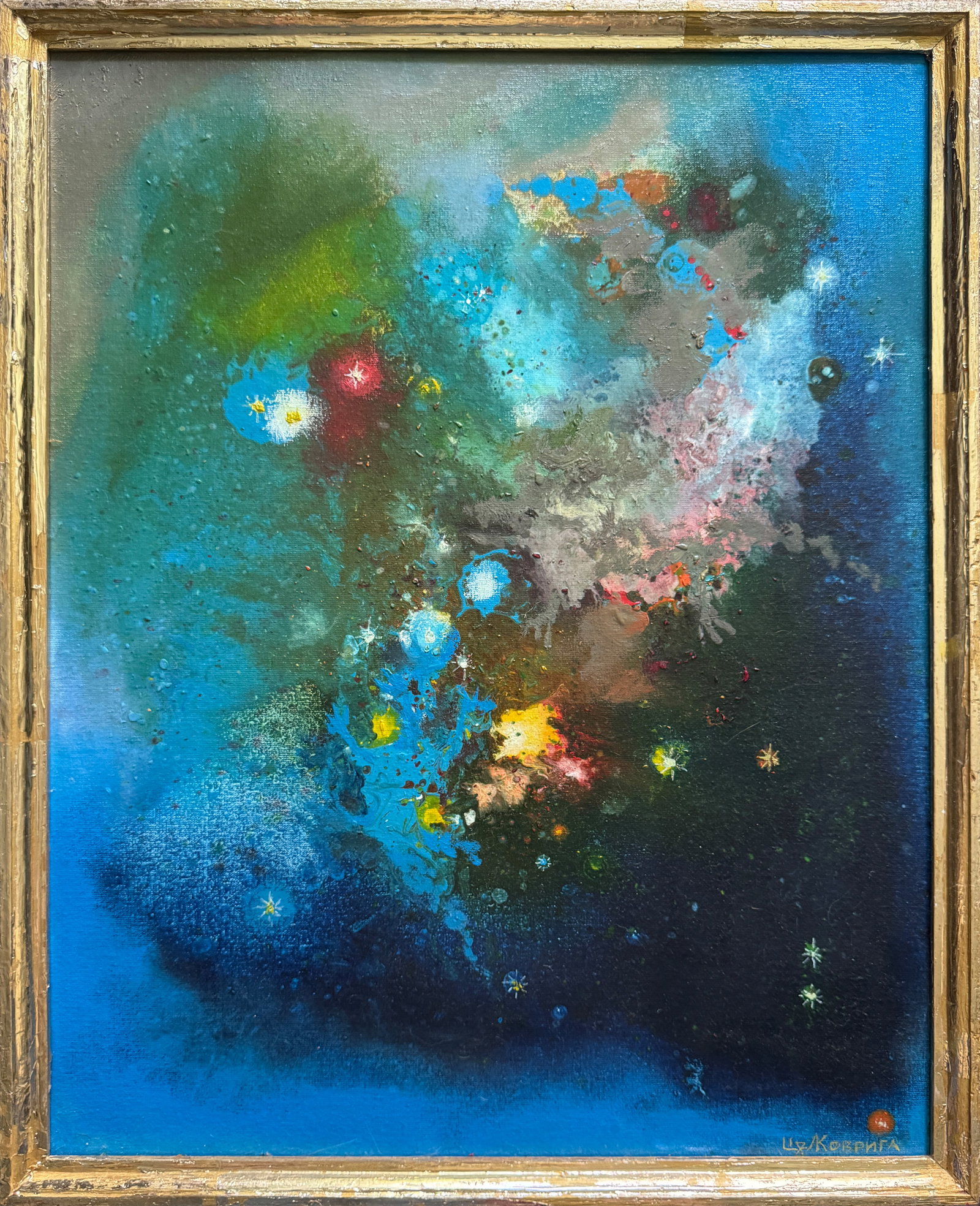 Abstract Oil painting with frame dragon battle K. Leonid: 535KK Painter: K. Leonid S?ze: 50x40 cm/ 19.68x15.74 inches Components: oil, canvas, cardboard Original painting CONDITION: exellent ERA:2018 ARTIST: Born in the village of Ostrov, what a beautiful na