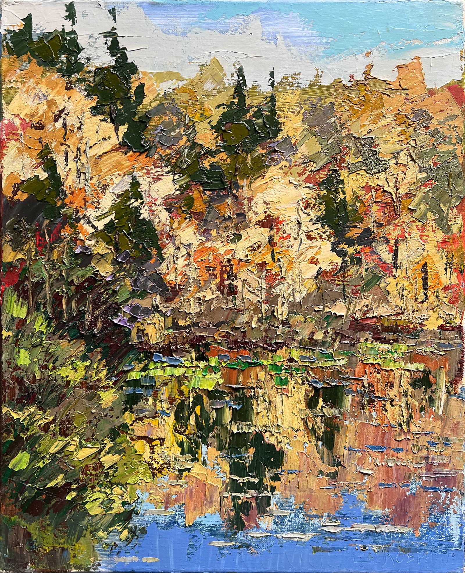 Oil painting with farme a lake in the Carpathians K. Leonid: 569KK Painter: K. Leonid S?ze: 50x40 cm/ 19.68x15.74 inches Components: oil, canvas Original painting CONDITION: exellent ERA:2020 ARTIST: Born in the village of Ostrov, what a beautiful name,