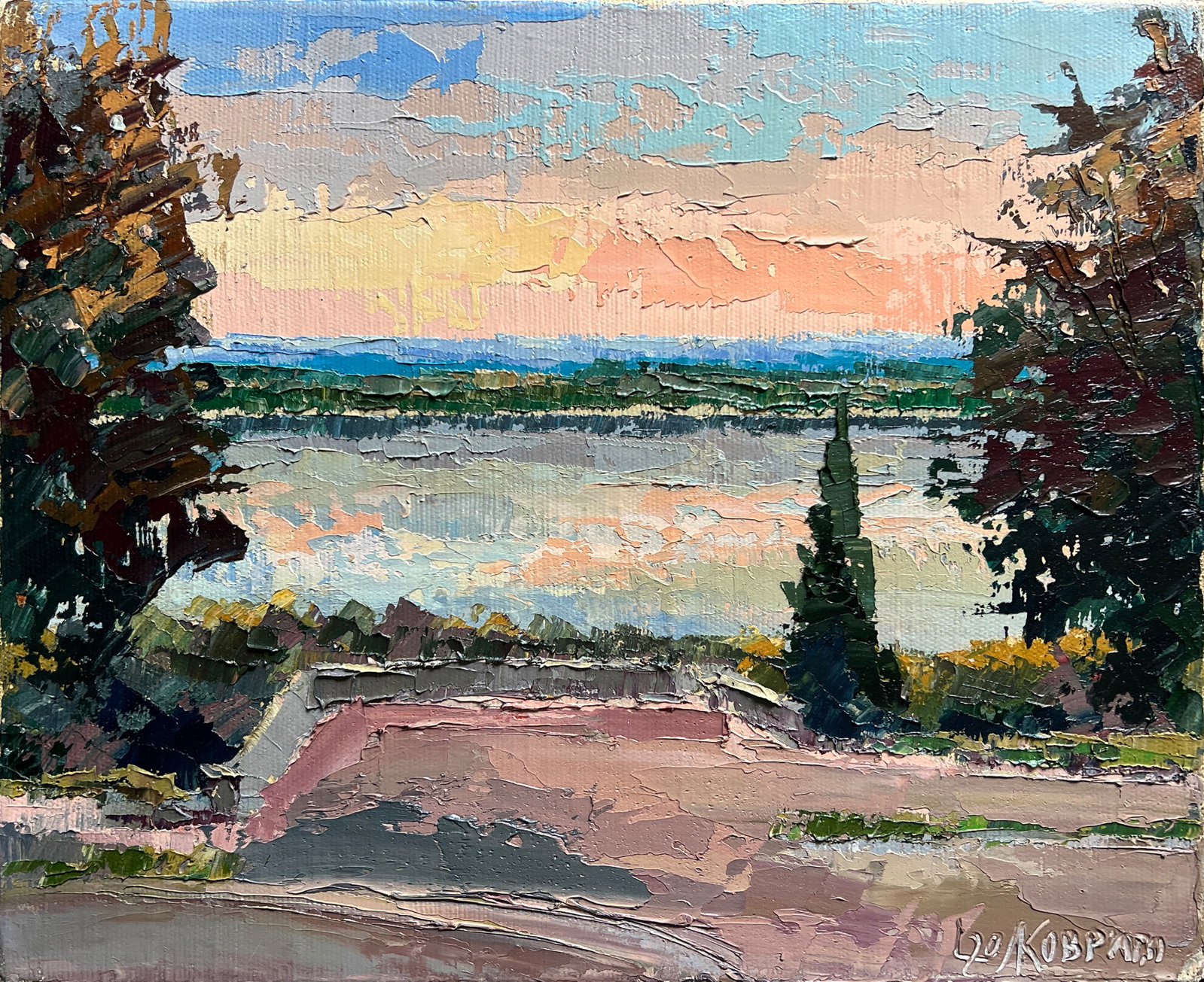 Oil painting with farme Ukrainian town K. Leonid: 576KK Painter: K. Leonid S?ze: 40x50 cm/ 15.74x19.68 inches Components: oil, canvas Original painting CONDITION: exellent ERA:2020 ARTIST: Born in the village of Ostrov, what a beautiful name, located