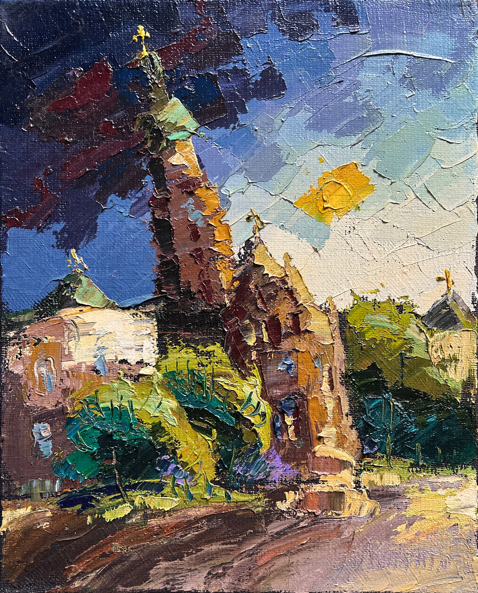 Oil painting with frame Lviv Bernardine monastery K. Leonid: 577KK Painter: K. Leonid S?ze: 50x40 cm/ 19.68x15.74 inches Components: oil, canvas Original painting CONDITION: exellent ERA:2022 ARTIST: Born in the village of Ostrov, what a beautiful name, located