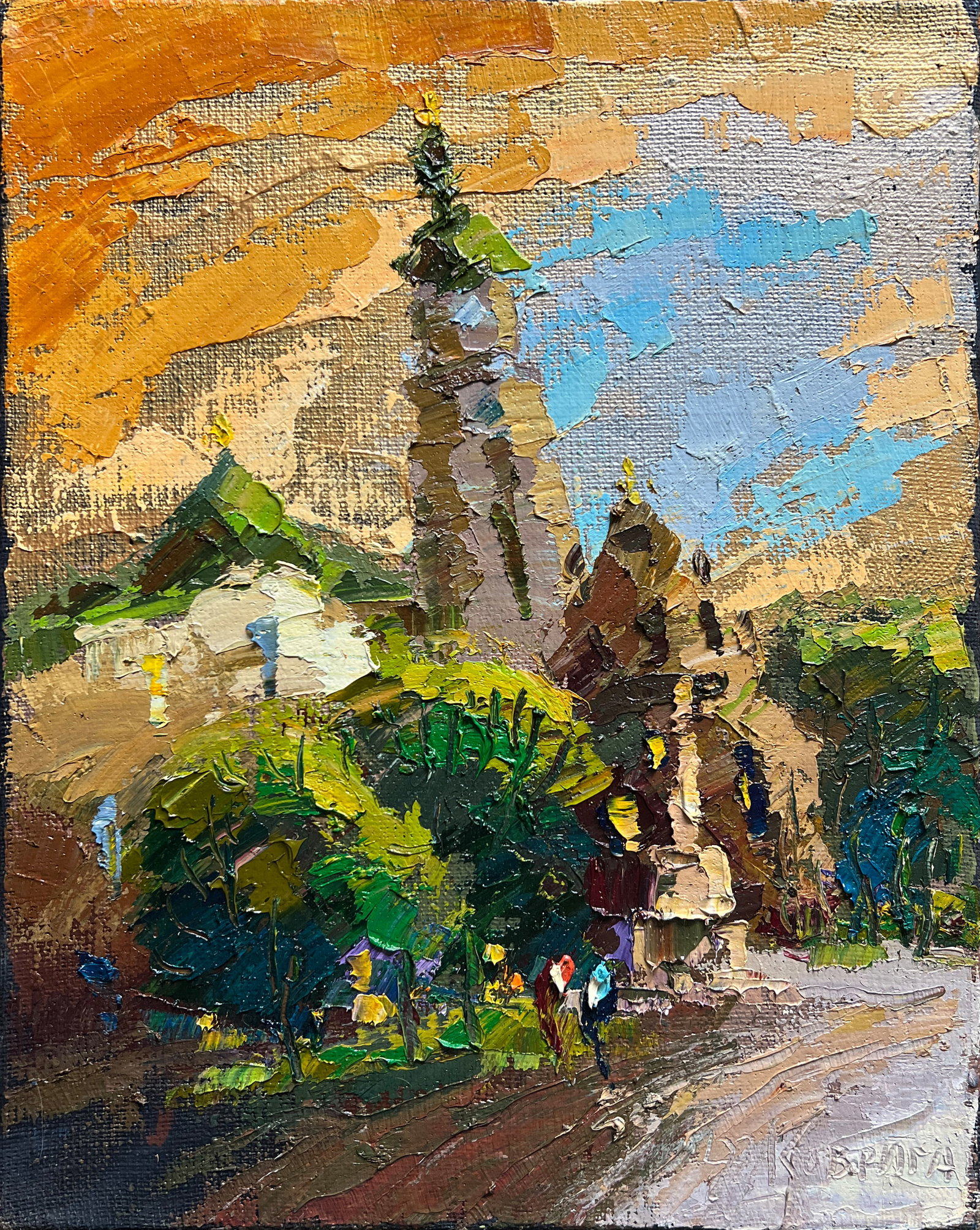 Oil painting with frame Lviv Bernardine monastery K. Leonid: 579KK Painter: K. Leonid S?ze: 50x40 cm/ 19.68x15.74 inches Components: oil, acrylic, canvas Original painting CONDITION: exellent ERA:2022 ARTIST: Born in the village of Ostrov, what a beautiful name