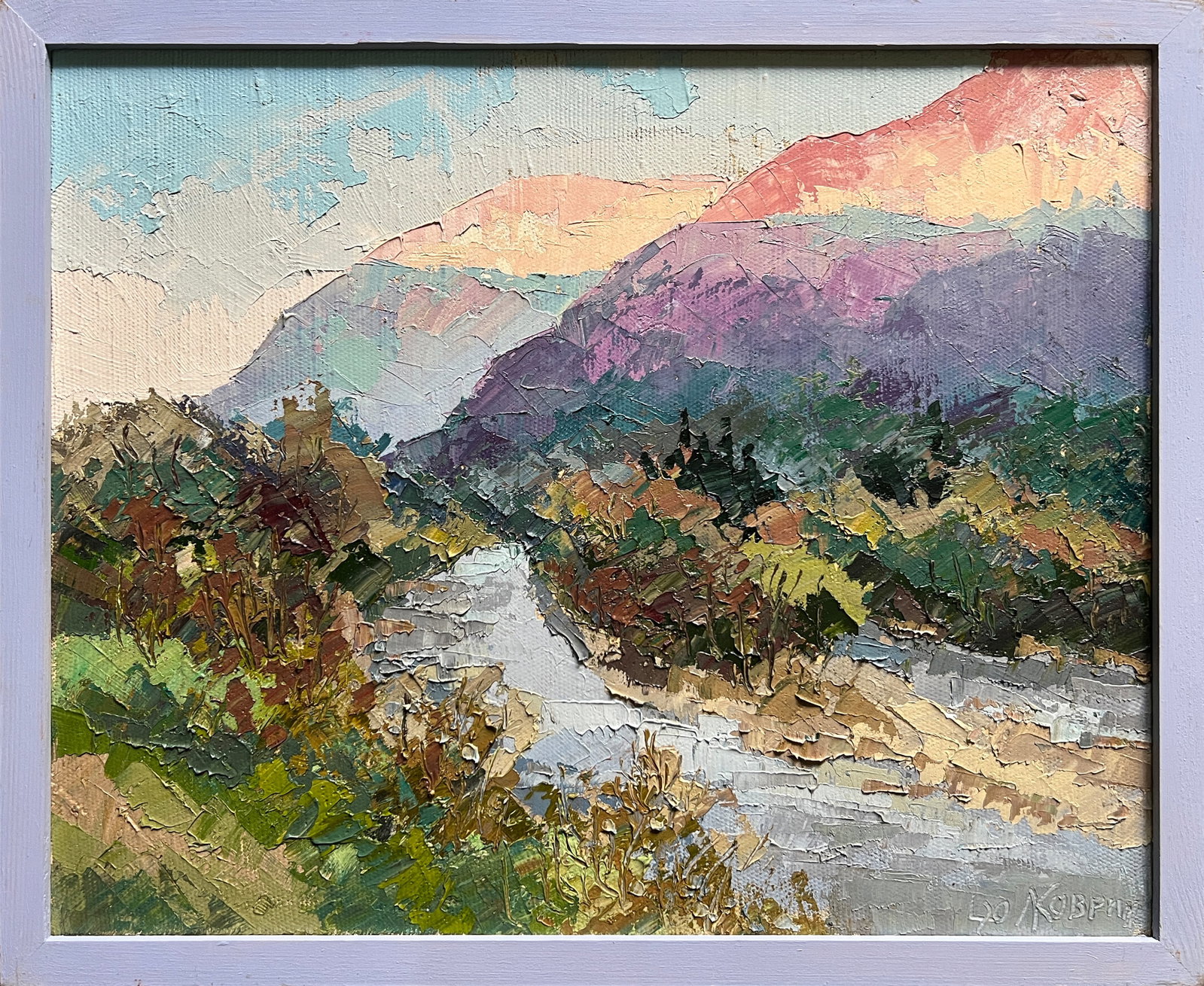 Oil painting with frame river in the Carpathians K. Leonid: 588KK Painter: K. Leonid S?ze: 40x50 cm/ 15.74x19.68 inches Components: oil, canvas Original painting CONDITION: exellent ERA:2020 ARTIST: Born in the village of Ostrov, what a beautiful name, located