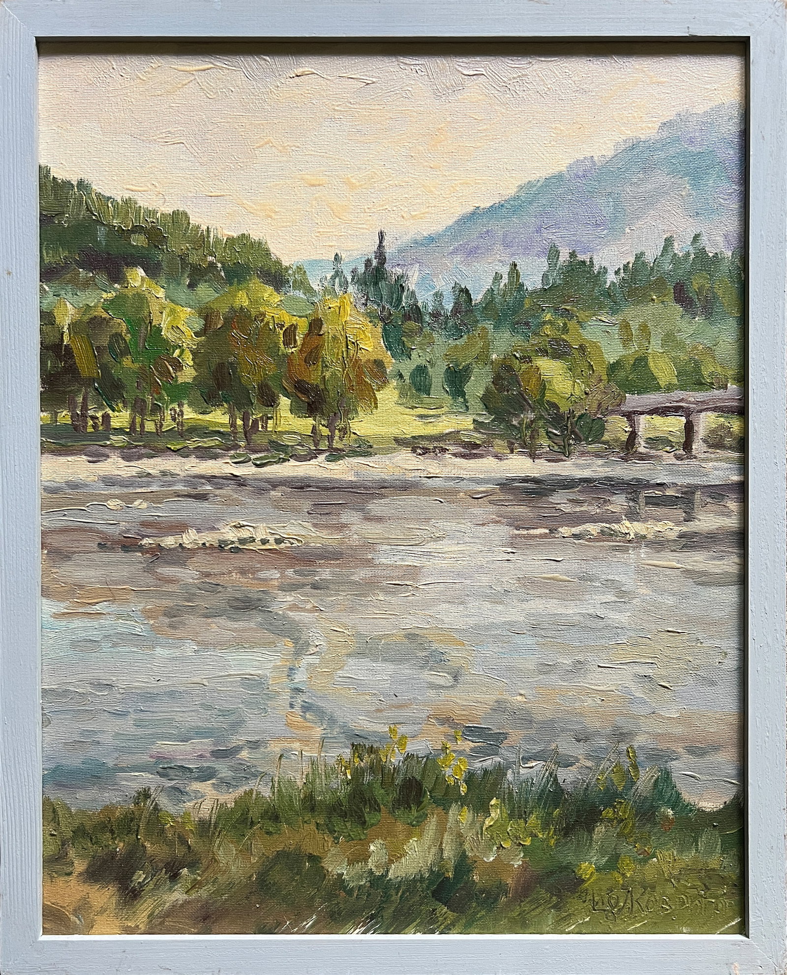Oil painting with frame Carpathian river K. Leonid: 589KK Painter: K. Leonid S?ze: 50x40 cm/ 19.68x15.74 inches Components: oil, canvas Original painting CONDITION: exellent ERA:2018 ARTIST: Born in the village of Ostrov, what a beautiful name, located