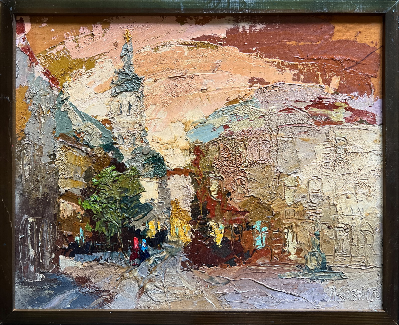 Oil painting with frame market square in Lviv K. Leonid: 606KK Painter: K. Leonid S?ze: 40x50 cm/ 15.74x19.68 inches Components: oil, canvas, cardboard Original painting CONDITION: exellent ERA:2020 ARTIST: Born in the village of Ostrov, what a beautiful na