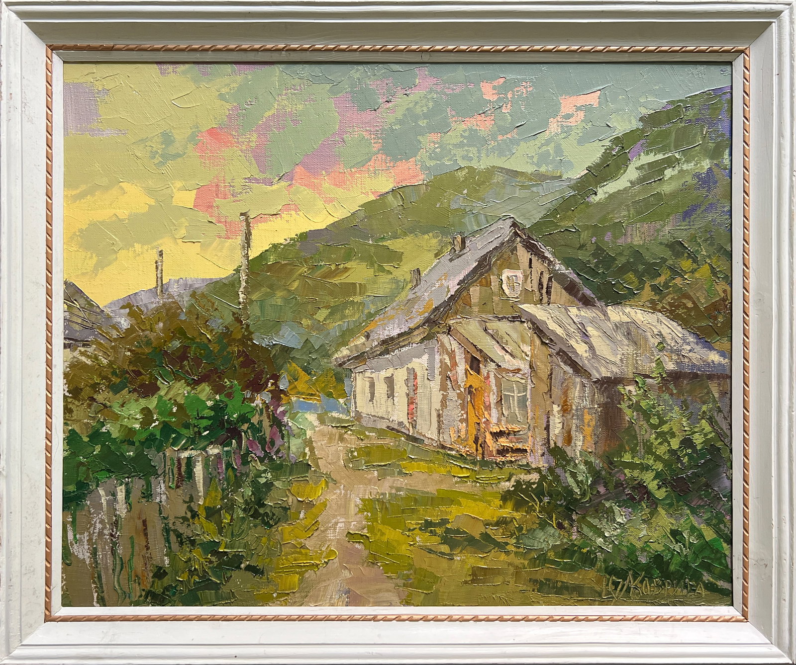 Oil painting with frame Carpathian old house K. Leonid: 622KK Painter: K. Leonid S?ze: 50x60 cm/ 19.68x23.62 inches Components: oil, canvas Original painting CONDITION: exellent ERA:2017 ARTIST: Born in the village of Ostrov, what a beautiful name, located