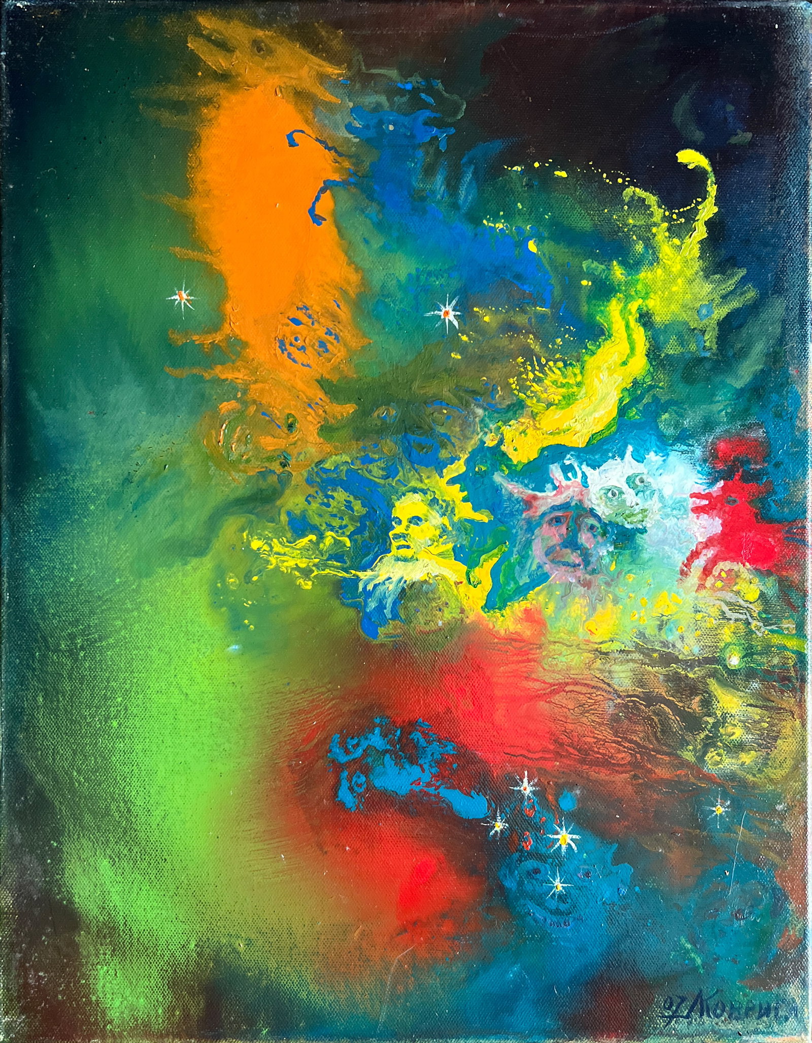 Abstract Oil painting with frame fantasy K. Leonid: 627KK Painter: K. Leonid S?ze: 45x35 cm/ 17.71x13.77 inches Components: oil, canvas Original painting CONDITION: exellent ERA:2007 ARTIST: Born in the village of Ostrov, what a beautiful name, located