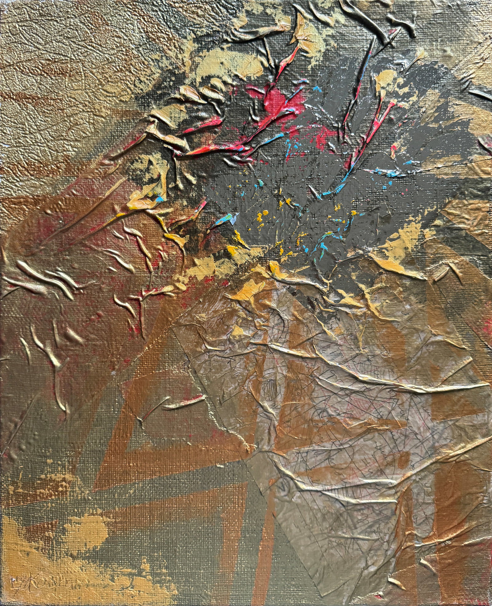 Perception of the author's technique Oil painting with frame Gold K. Leonid: 652KK Painter: K. Leonid S?ze: 50x40 cm/ 19.68x15.74 inches Components: oil, acrylic, canvas Original painting CONDITION: exellent ERA:2019 ARTIST: Born in the village of Ostrov, what a beautiful name