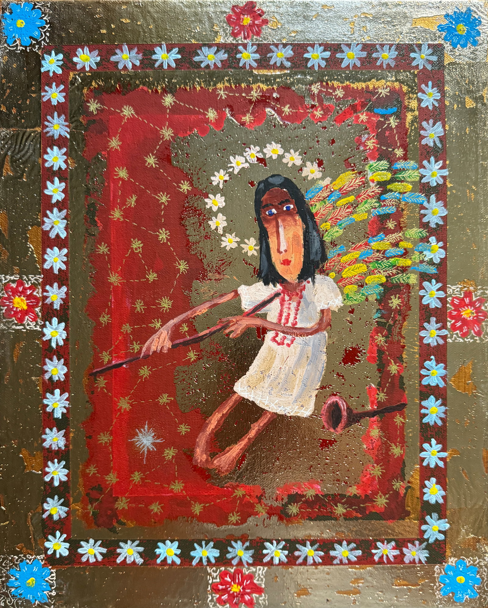 Oil painting with frame guardian angel K. Leonid: 664KK Painter: K. Leonid S?ze: 41x33 cm/ 16.14x12.99 inches Components: oil, canvas Original painting CONDITION: exellent ERA:2018 ARTIST: Born in the village of Ostrov, what a beautiful name,