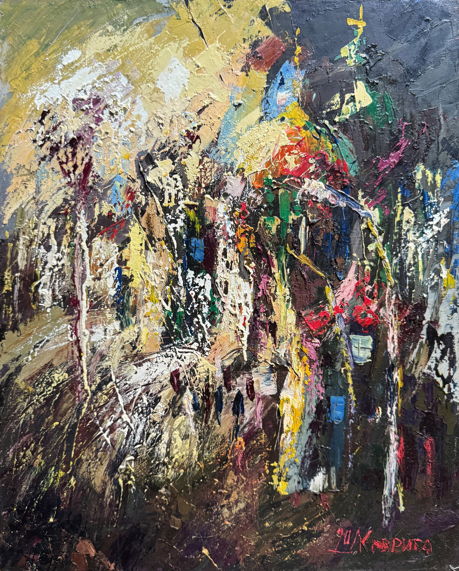 Abstract Oil painting with frame Cityscape K. Leonid: 668KK Painter: K. Leonid S?ze: 50x40 cm/ 19.68x15.74 inches Components: oil, canvas Original painting CONDITION: exellent ERA:2000 ARTIST: Born in the village of Ostrov, what a beautiful name, located