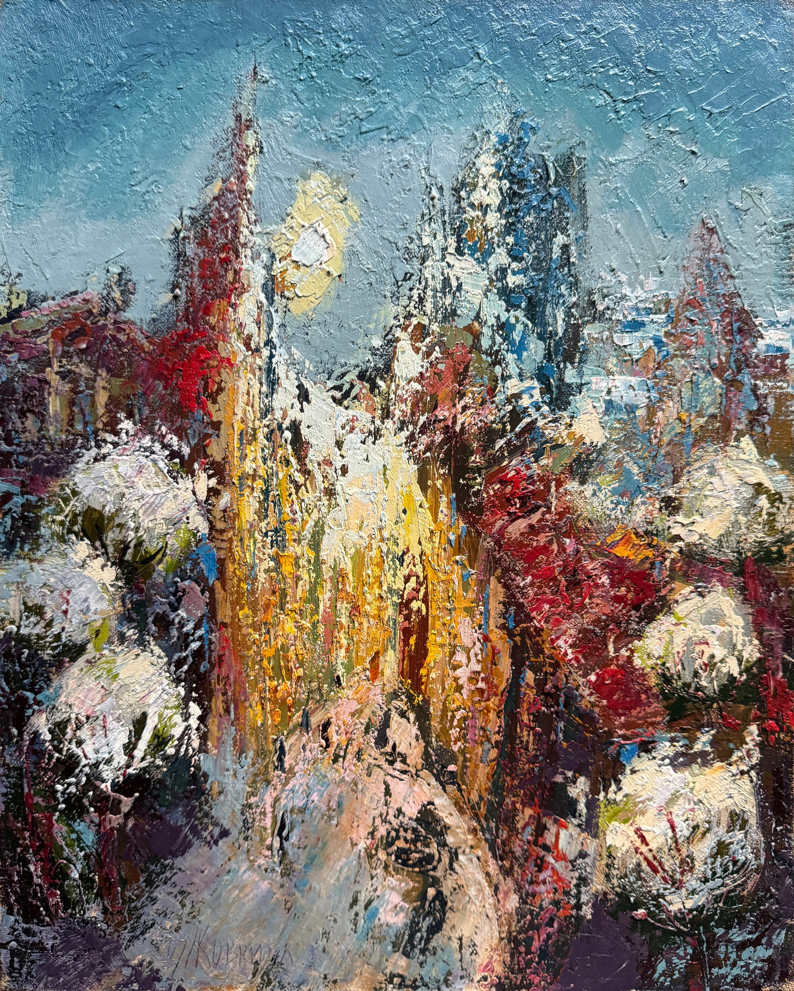 Abstract Oil painting with frame St. Andrew's Descent Kyiv K. Leonid: 669KK Painter: K. Leonid S?ze: 50x40 cm/ 19.68x15.74 inches Components: oil, canvas Original painting CONDITION: exellent ERA:2000 ARTIST: Born in the village of Ostrov, what a beautiful name,