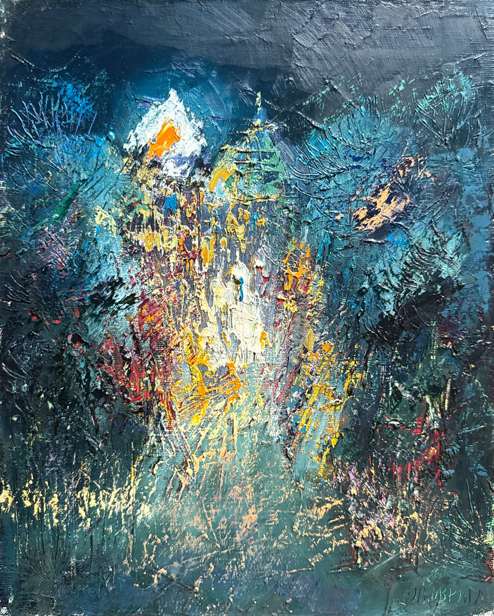Abstract Oil painting with frame Night city K. Leonid: 682KK Painter: K. Leonid S?ze: 50x40 cm/ 19.68x15.74 inches Components: oil, canvas Original painting CONDITION: exellent ERA:2002 ARTIST: Born in the village of Ostrov, what a beautiful name, located