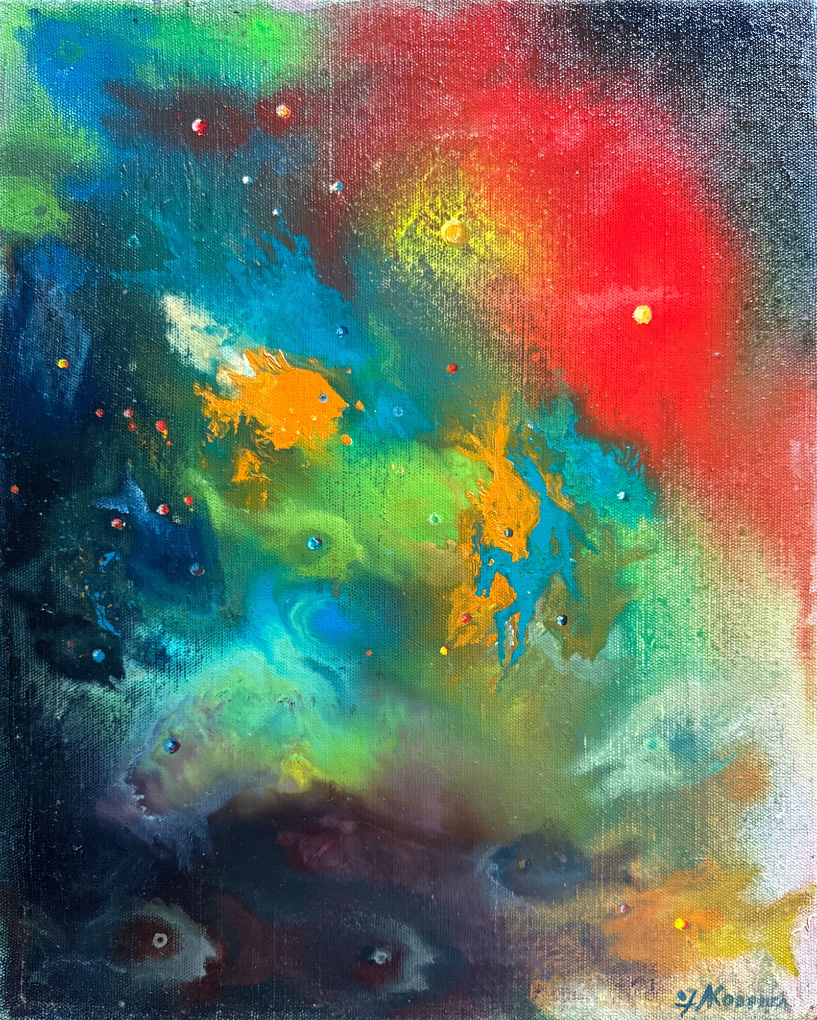 Abstract Oil painting with frame fishes K. Leonid: 684KK Painter: K. Leonid S?ze: 50x40 cm/ 19.68x15.74 inches Components: oil, canvas Original painting CONDITION: exellent ERA:2007 ARTIST: Born in the village of Ostrov, what a beautiful name, located