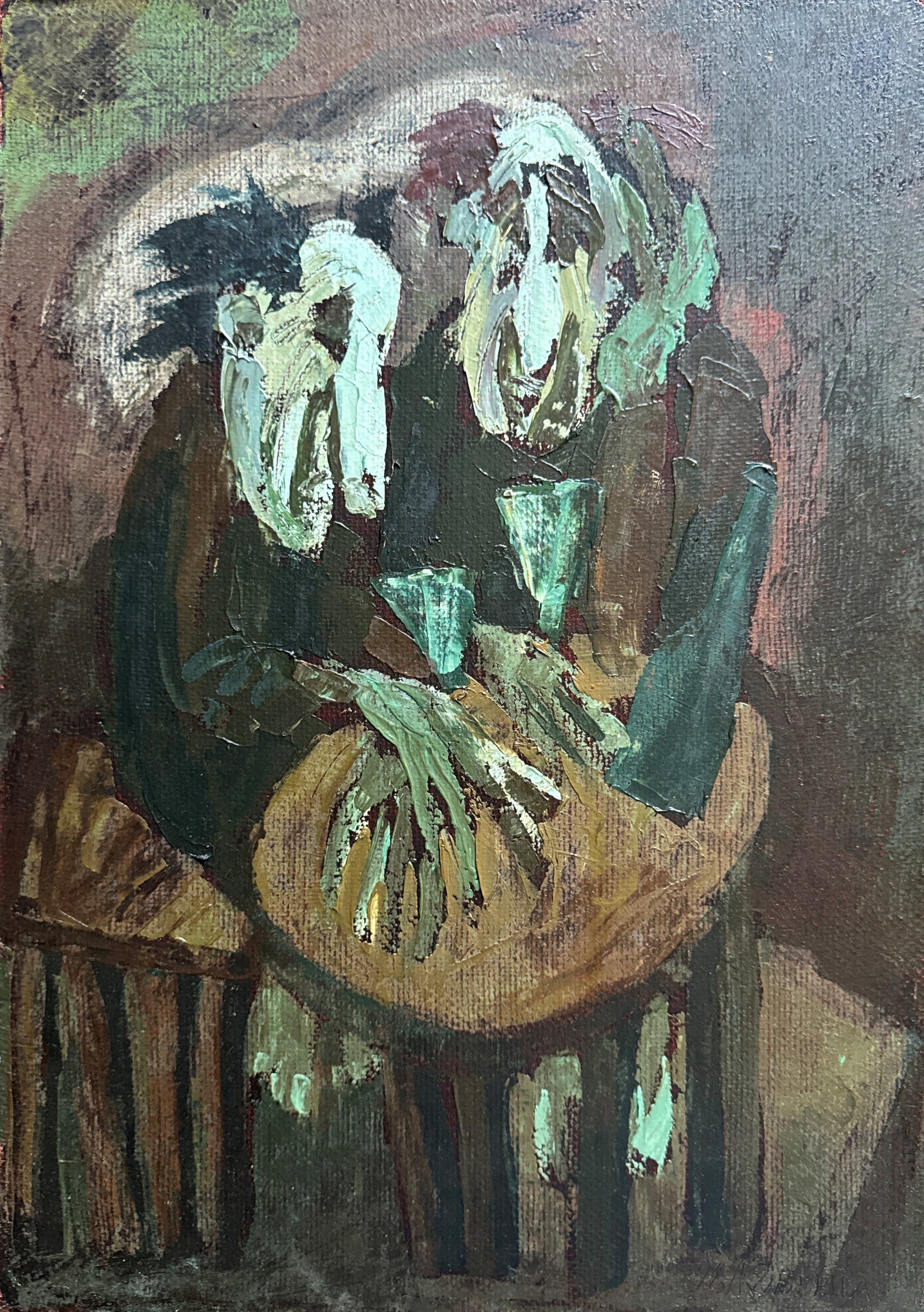 Oil painting with frame Sad and funny clowns K. Leonid: 691KK Painter: K. Leonid S?ze: 50x35 cm/ 19.68x13.77 inches Components: oil, canvas Original painting CONDITION: exellent ERA:1998 ARTIST: Born in the village of Ostrov, what a beautiful name,
