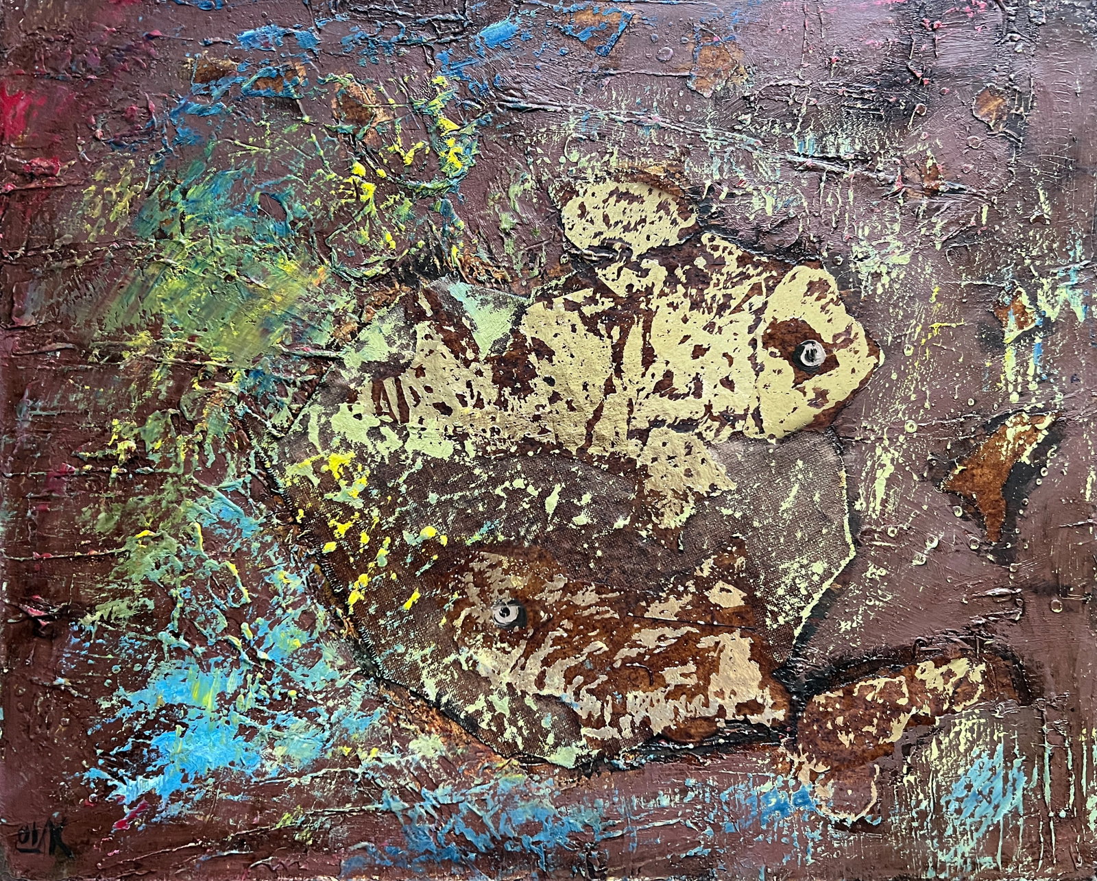 Abstract Oil painting with frame Fish K. Leonid: 705KK Painter: K. Leonid S?ze: 40x50 cm/15.75x19.68 inches Components: oil, canvas Original painting CONDITION: exellent ERA:2001 ARTIST: Born in the village of Ostrov, what a beautiful name, located 