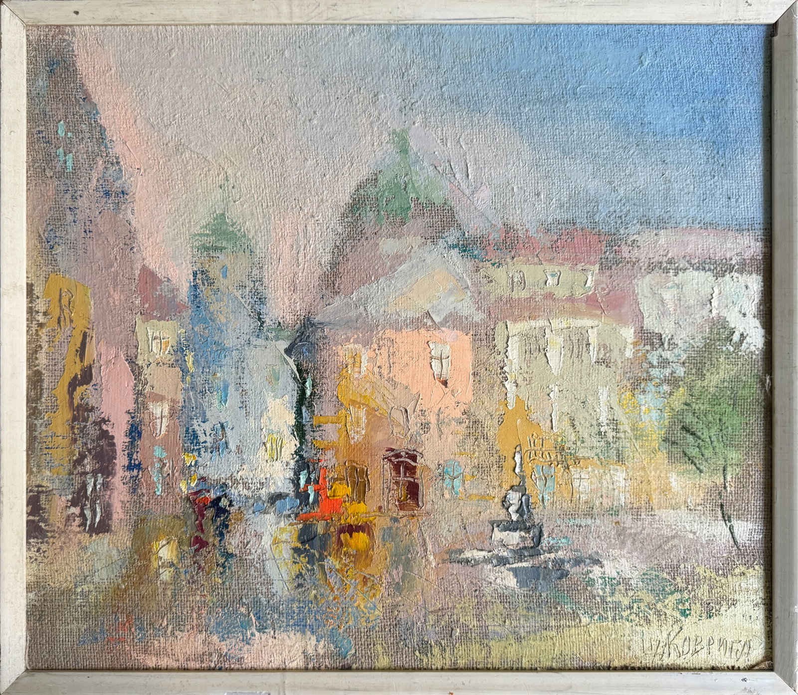 Abstract Oil painting with frame Lviv Market Square K. Leonid: 713KK Painter: K. Leonid S?ze: 49x57 cm/ 19.29x22.44 inches Components: oil, canvas, fiberboard Original painting CONDITION: exellent ERA:2017 ARTIST: Born in the village of Ostrov, what a beautiful n