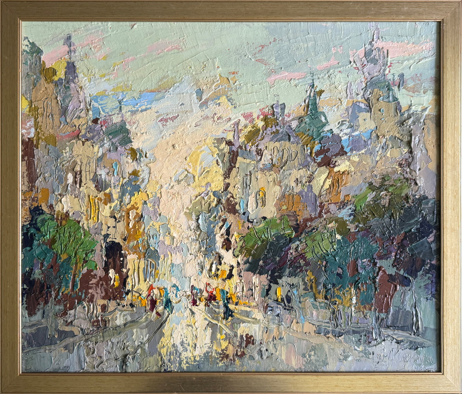 Abstract Oil painting with frame City K. Leonid: 717KK Painter: K. Leonid S?ze: 54x64.5 cm/ 21.25x25.39 inches Components: oil, canvas, fiberboard Original painting CONDITION: exellent ERA:2021 ARTIST: Born in the village of Ostrov, what a beautiful