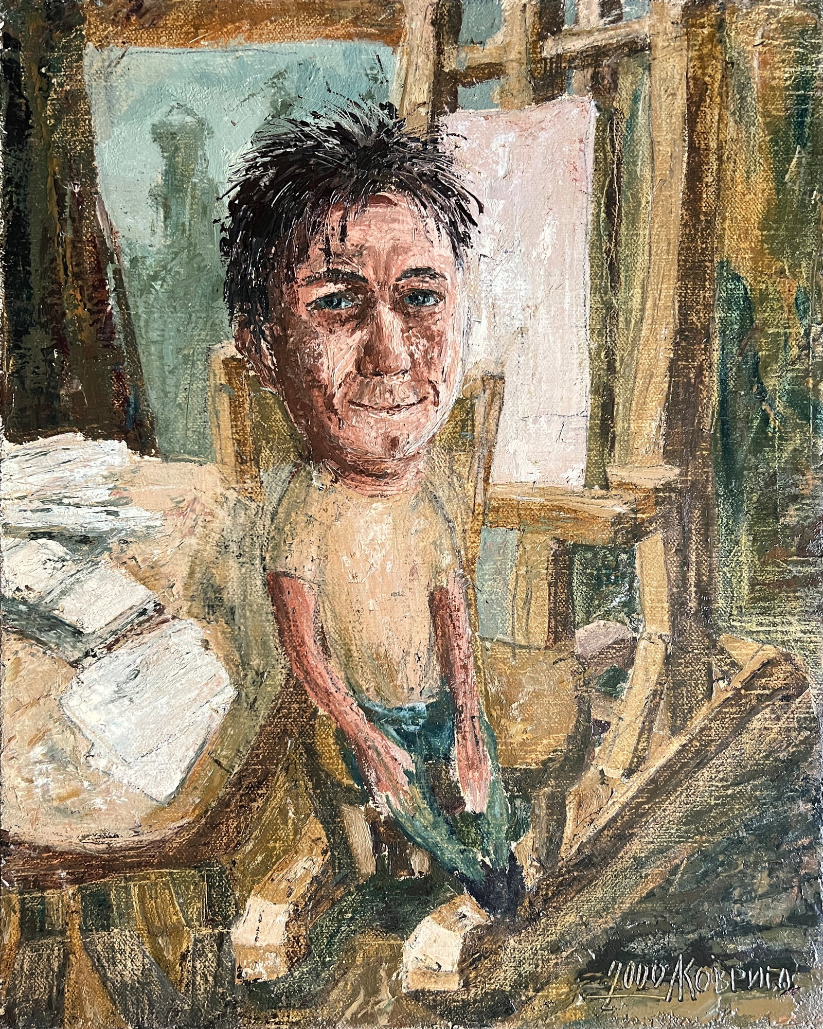 Oil painting with frame Self-portrait K. Leonid: 722KK Painter: K. Leonid S?ze: 50x40 cm/ 19.68x15.74 inches Components: oil, canvas Original painting CONDITION: exellent ERA:2000 ARTIST: Born in the village of Ostrov, what a beautiful name, located