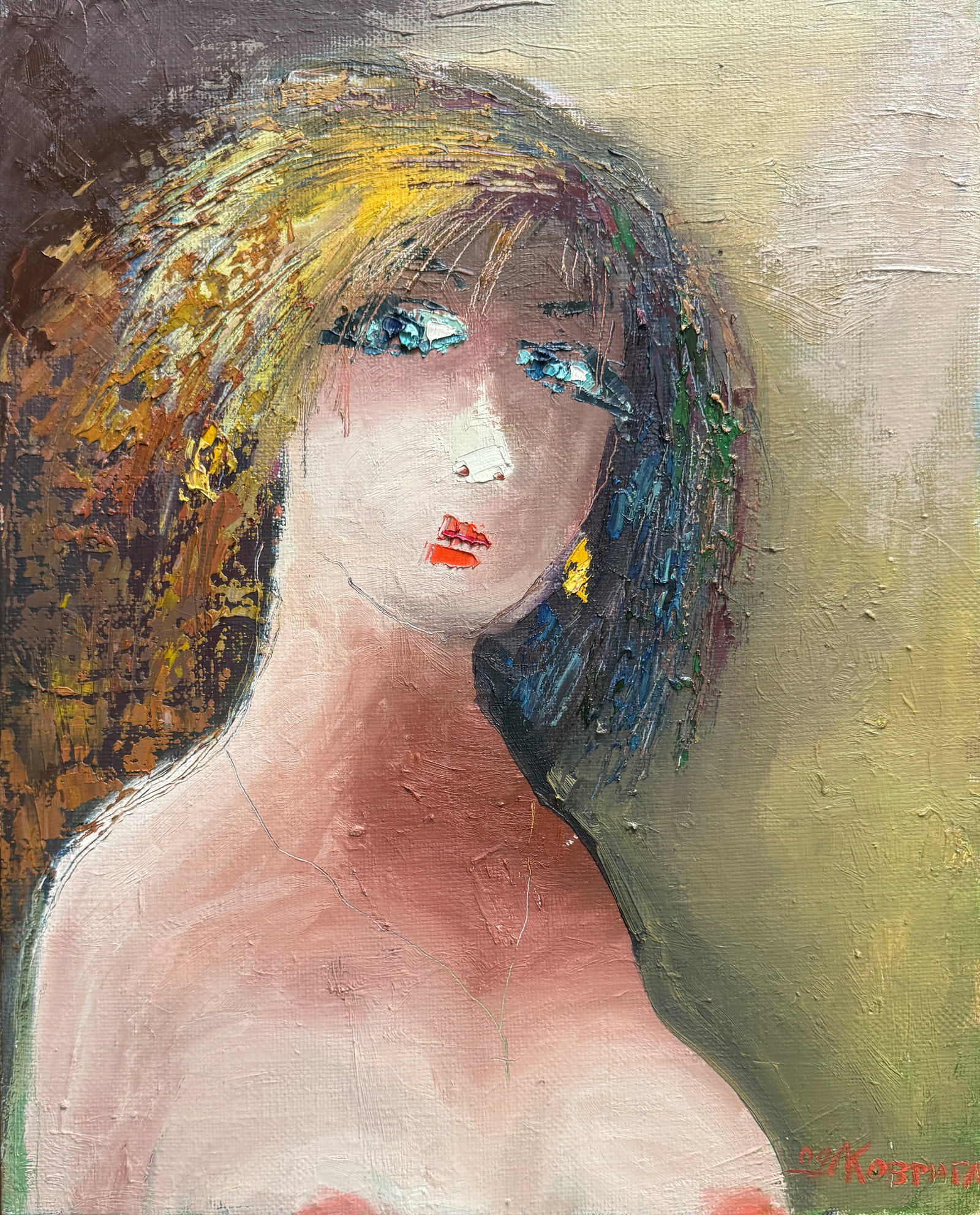 Abstract Oil painting with frame Female portrait K. Leonid: 748KK Painter: K. Leonid S?ze: 50x40 cm/ 19.68x15.74 inches Components: oil, canvas Original painting CONDITION: exellent ERA:2009 ARTIST: Born in the village of Ostrov, what a beautiful name, located