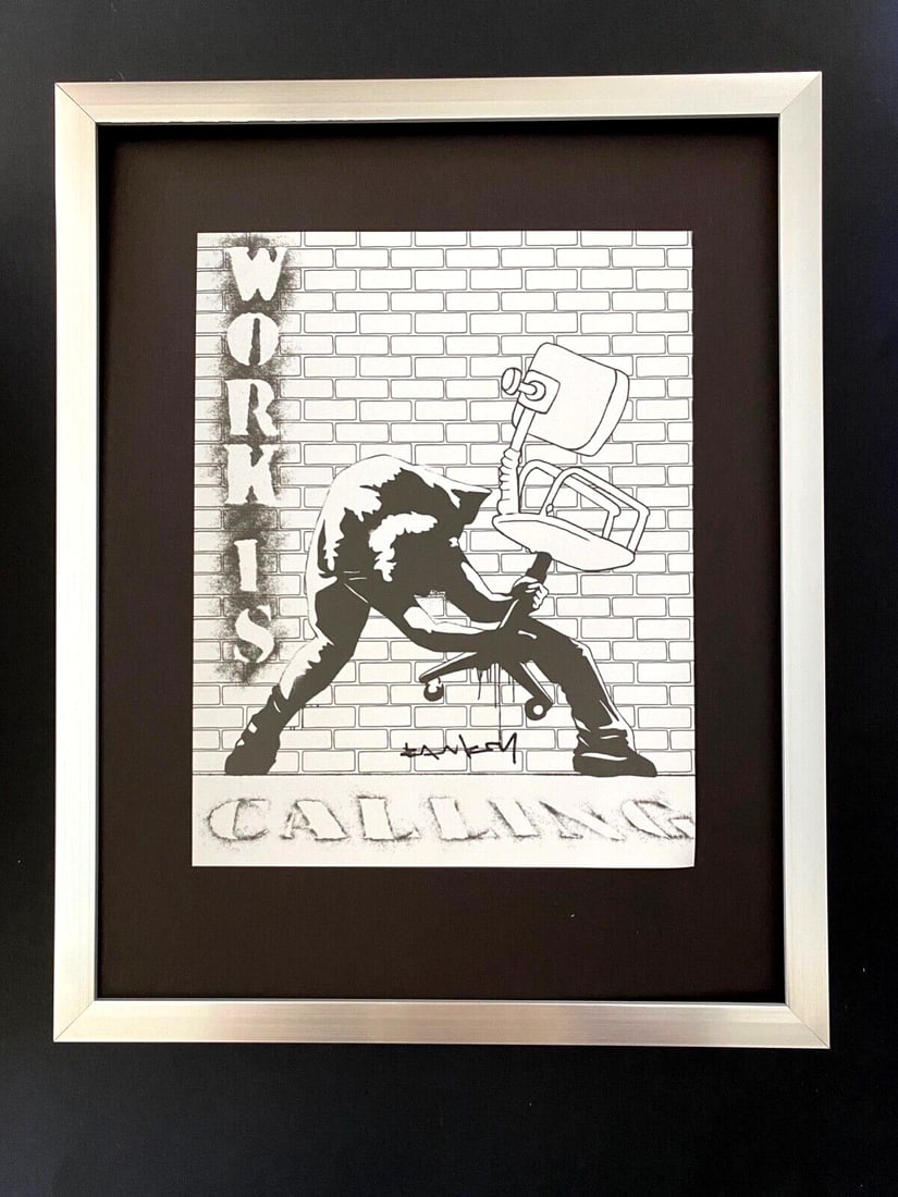 BANKSY + SIGNED " WORK IS CALLING " PRINT + NEW FRAME: Beautiful and Scarce Print After BANKSY " WORK IS CALLING " Facsimile Signature in Ink Art Print is about 8 X 8 in. This piece is mounted on a 11 x 14 in. black acid free premium black board. Framed
