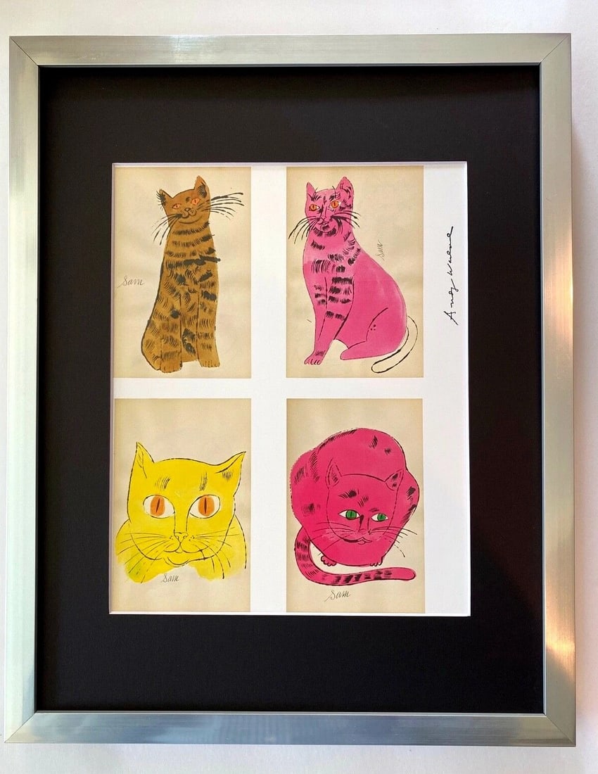 ANDY WARHOL | "CATS" SIGNED VINTAGE PRINT MATTED AND FRAMED: ANDY WARHOL "CATS" 2 1980'S VINTAGE PRINT FACSIMILE SIGNED IN INK MATTED AND FRAMED FRAME COVERS AN AREA OF 15X12IN. VERY GOOD CONDITION WITH EXPECTED HANDLING, CREASING AND TONING FOR A VINTAGE